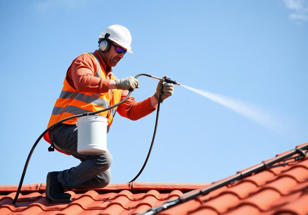 Roof painter applying Dulux roof coating on Central Coast home